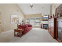 Comfortable living room featuring a vaulted ceiling, fireplace, and natural light at 25 Hampreston Court Ct, Johns Creek, GA 30022