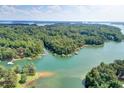 Stunning aerial view of the lake with wooded shoreline and private docks at 7125 Heard Rd, Cumming, GA 30041
