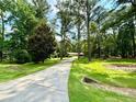 View of the home's long driveway, surrounded by mature trees and a lush green lawn at 125 Cannongate Cir, Sharpsburg, GA 30277