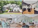 This home features a manicured lawn, mature trees, and combination stone and gray siding at 3860 Overlake Dr, Cumming, GA 30041