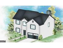 Two-story home exterior with a black roof, white siding, a two-car garage, and a neatly manicured lawn at 142 Tye St, Stockbridge, GA 30281