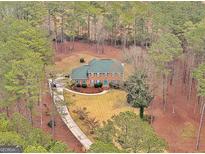 Expansive aerial view of the beautiful brick home surrounded by lush green trees on a large private lot at 185 Lady Helen Ct, Fayetteville, GA 30214