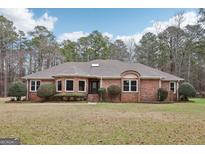 Charming brick home featuring a well-manicured front yard with mature trees and manicured shrubs at 465 Camelot Dr, Fayetteville, GA 30214