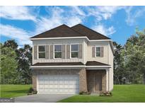 Charming two-story home featuring a brick facade, two-car garage, and well-manicured lawn at 10465 Trellis Lane (Lot 26), Hampton, GA 30228