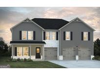 Beautiful two-story home featuring gray siding, black shutters, and a two-car garage at 1595 Sungrown Way # 252, Mcdonough, GA 30253