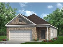 Charming single-story brick home featuring an attached garage, professionally landscaped yard, and covered front entryway at 10454 Trellis Lane (Lot 39), Hampton, GA 30228