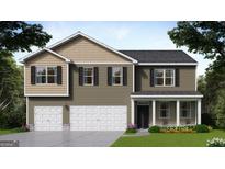 Two-story home with a two-car garage, neutral siding, and black shutters, creating a welcoming curb appeal at 624 Kimberwick Dr, Locust Grove, GA 30248