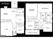 Detailed floor plan showcasing the layout of the first floor, bedrooms, kitchen, and garage at 11160 Cornerstone Way, Hampton, GA 30228