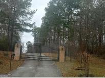 View of private gate and driveway entrance surrounded by mature trees on a cloudy day at 2527 Bonds Lake Nw Rd, Conyers, GA 30012