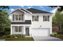 Two-story home featuring white siding, a dark roof, and an attached two-car garage at 350 Friendship Oak Way, Hampton, GA 30228