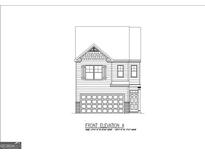 Front elevation blueprint of new construction featuring a two-car garage and symmetrical window placements at 322 Sound Cir # 118, Stockbridge, GA 30281