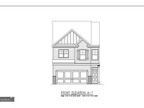 Detailed architectural drawing of a two-story home featuring a prominent gable and a two-car garage at 334 Sound Cir # 120, Stockbridge, GA 30281