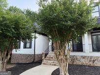 Charming home entrance featuring stone accents and a well-manicured yard, offering a welcoming curb appeal at 119 Glen Eagle Way, Mcdonough, GA 30253