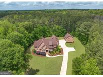 Expansive estate on a sprawling lot, showcasing a brick home, guest house, and long driveway surrounded by lush greenery at 210 Short Rd, Sharpsburg, GA 30277