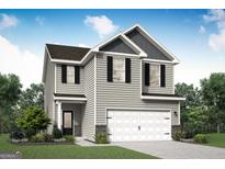 Charming two-story home with gray siding, black shutters, and a two-car garage at 439 Prescott Way, Villa Rica, GA 30180