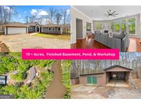 An impressive property showcasing the home, pond, and additional structures including a workshop and garage at 679 Bo Bo Banks Rd, Grantville, GA 30220