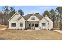Stunning new construction home with white painted brick, black trim, and a beautifully landscaped front yard at 135 Wet Wood Dr # 12, Fairburn, GA 30213