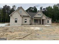 Charming single-Gathering home featuring a mix of stone and board and batten siding with a covered entryway and a gray shingle roof at 49 Durham Estates Dr, Sharpsburg, GA 30277