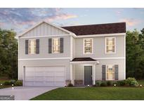 Charming two-story home featuring gray siding, a two-car garage, and manicured landscaping, offering curb appeal at 4622 Sunrise Rdg, Covington, GA 30016