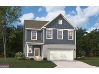 Two-story home with gray siding, brick accents, a two-car garage, and a well-manicured lawn under a partly cloudy sky at 407 Newland Way, Acworth, GA 30102