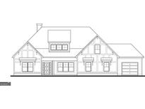 Detailed architectural rendering of a two-story home with prominent dormer, multiple windows, and attached garage at Lot 1 Alex Stephens Rd # 1, Moreland, GA 30259