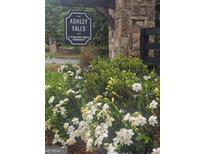 Stone entrance to Ashley Falls community with blooming flowers at 7253 Lacey Dr, Douglasville, GA 30134