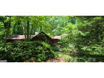 Secluded home exterior with brick chimney nestled in lush greenery and mature trees at 1992 Kunuga Dr, Jonesboro, GA 30236