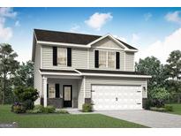 Two-story home featuring a two-car garage, black shutters, and stone accents at 455 Prescott Way, Villa Rica, GA 30180