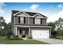 Charming two-story home featuring gray siding, black shutters, a two-car garage, and a welcoming front porch at 488 Cantrell Drive, Dallas, GA 30157