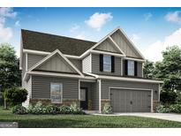 Two-story home featuring gray siding, brick accents, complemented by landscaped yard and a two-car garage at 412 Cantrell Drive, Dallas, GA 30157