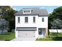 Charming two-story home showcasing white brick, gray roof, dormer, attached garage, and a beautifully landscaped front yard at 38 Avian Way # 126B, Auburn, GA 30011