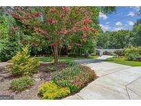 Charming home featuring lush landscaping, a blooming tree, and a long driveway, creating a picturesque entrance at 750 Crest Valley Nw Dr, Sandy Springs, GA 30327