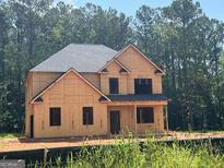 Exterior of a home under construction, showing the framing, sheathing, and new roof against a backdrop of trees and blue sky at 45 Duffy Dr., Mcdonough, GA 30253