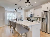 Bright kitchen featuring a large island, stainless steel appliances, and stylish pendant lighting at 1899 Deco Dr, Kennesaw, GA 30144