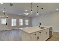 Modern kitchen island with white cabinets, quartz countertops, and stainless steel appliances at 4529 Twinberry Dr, Powder Springs, GA 30127