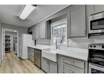 Beautiful kitchen with gray cabinets, stainless appliances and farmhouse sink at 3081 Frankie Ln, Duluth, GA 30096