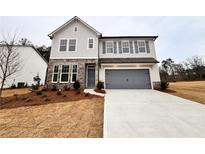 Charming two-story home with stone accents, gray siding, a concrete driveway, and a manicured front lawn at 7293 Eton Ln, Locust Grove, GA 30248