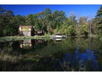 Stunning aerial view of a house nestled in a wooded area with a pond at 4361 Hardwood Sw Cir, Lilburn, GA 30047