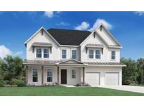 Two-story home with white brick and metal roof, three-car garage, and landscaped lawn at 4910 Crestline View Rd, Cumming, GA 30028
