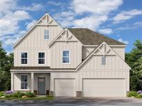 Two-story farmhouse with beige siding, brown roof, and a two-car garage at 88 Parkview Dr, Dallas, GA 30157
