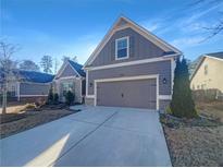 Two-story house with gray siding, two-car garage, and a paved driveway at 3338 Carolina Wren Sw Trl, Marietta, GA 30060