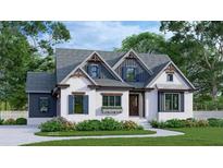 Two-story craftsman home with white brick, blue accents, and a landscaped lawn at 6851 Phillips Mill Rd, Douglasville, GA 30135