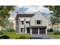 A stunning two-story home with a stone facade, dark grey garage doors, manicured lawn, and professional landscaping at 140 Lake Estates Dr, Roswell, GA 30075