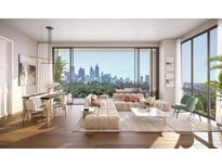 Bright open concept living room with a dining area, modern furnishings and a stunning city view at 2425 Peachtree Ne Rd # 810, Atlanta, GA 30305