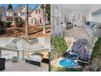 A collage featuring the front exterior, an office, primary bedroom, and pool area of the home at 2560 Millwater Xing, Dacula, GA 30019