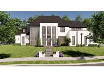 Contemporary white two-story home with black window frames, manicured lawn, and a paved walkway to the front door at 1580 Mayfield Rd, Alpharetta, GA 30009
