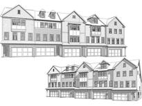 Detailed architectural rendering of new townhomes featuring attached garages and multi-story facades at 1977 American Way # 30, Kennesaw, GA 30144