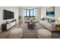 Bright living room with hardwood floors, large windows offering outside views, and modern furnishings at 2870 Pharr Court South Nw # 2901, Atlanta, GA 30305