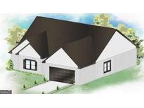 New construction home features a two-car garage and welcoming exterior with a well manicured front yard at 1007 Towne Cir, Social Circle, GA 30025