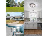 Split image showcasing the rear and front exterior of the home with a lush green lawn at 6213 S Summers Cir, Douglasville, GA 30135